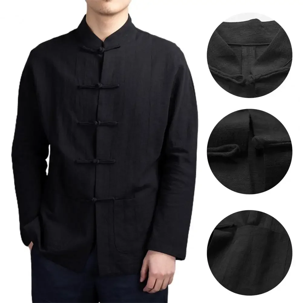 Camisa masculina de manga comprida estilo chinês, blusa tradicional de kung fu tai chi, uniforme outono, gola mandarim