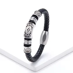 European and American Punk Style Water Chestnut Magnetic Clasp Stainless Steel Mesh 8mm Braided Leather Rope Men's Bracelet