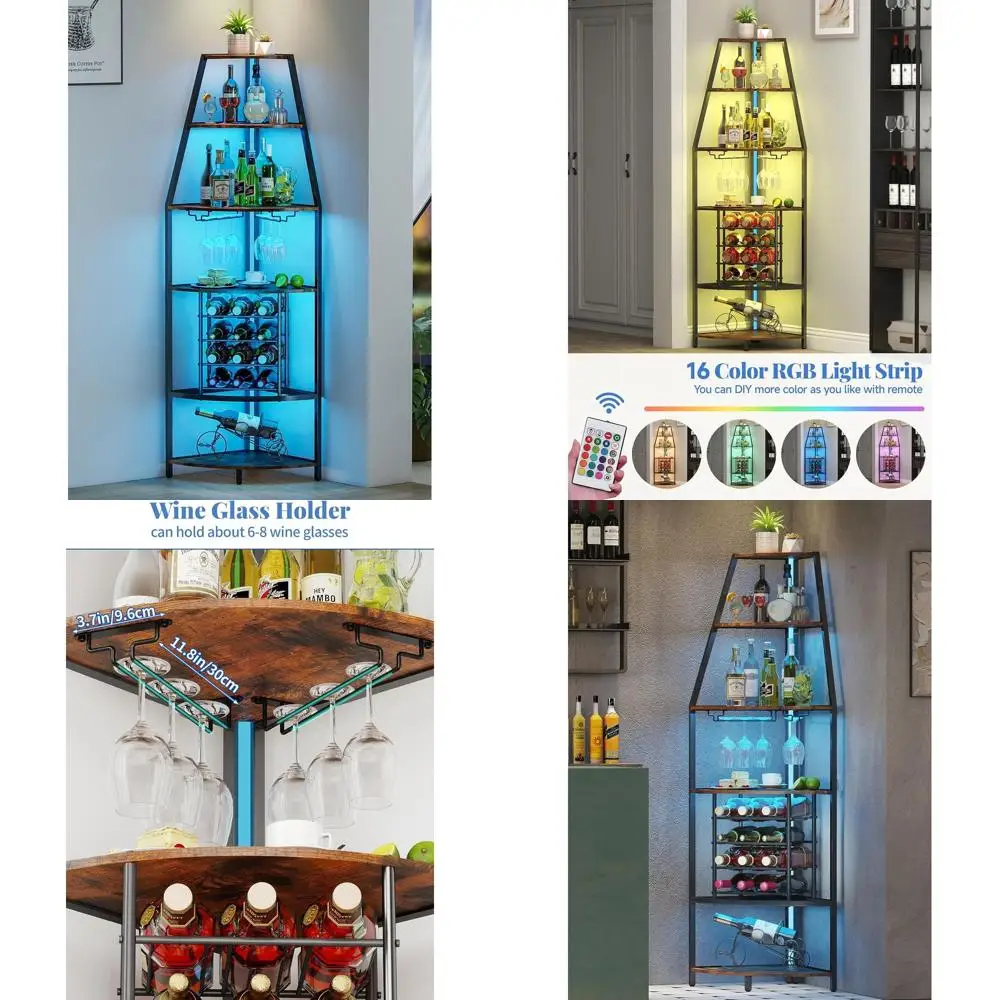 

Floor-Standing 6-Tier Wine Rack with LED Lights, Metal and Wooden Storage for Home Bar and Living Spaces
