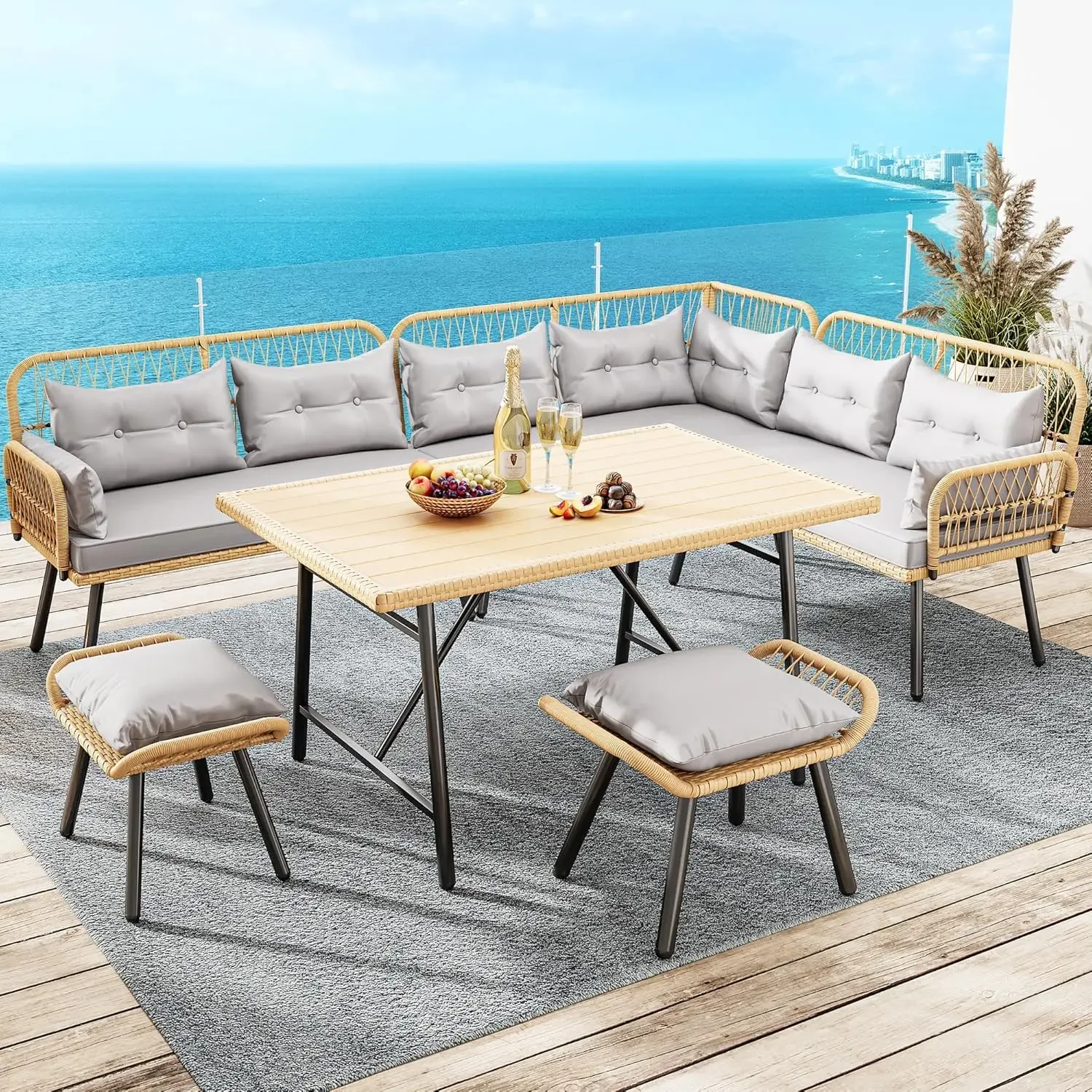 

Patio Wicker L-Shaped Furniture Set,All-Weather Rattan Outdoor Conversation Sofa Set for Backyard Deck w/ Soft Cushions,Ottomans