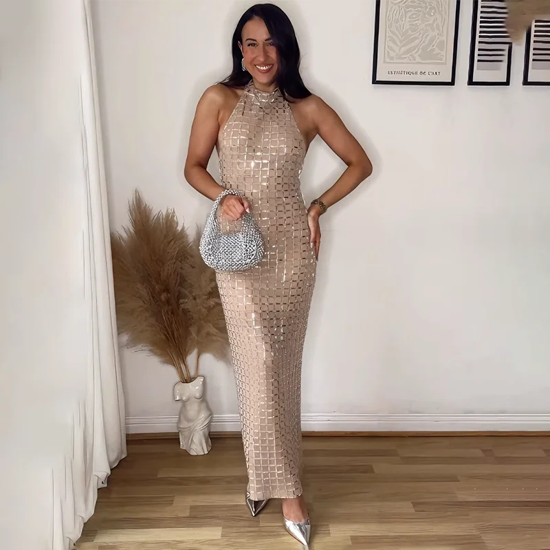 

Tornova Elegant Diamond Sparkle Long Gown Dress Women's Sleeveless Slim Fashion Dress Slit Sexy Evening Party Clothes Female