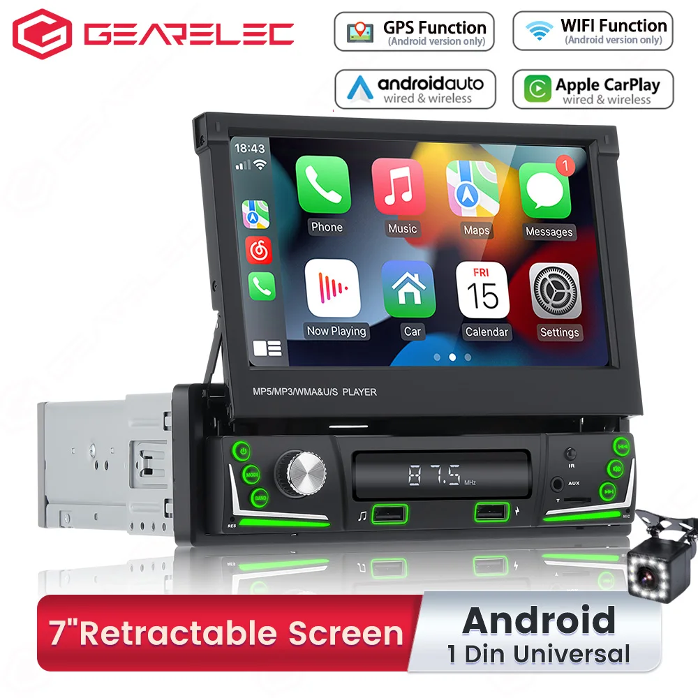 

1 Din Car Radio Stereo Android 7" Retractable Touch Screen Multimedia Video Player Carplay Android Auto Universal Car Audio