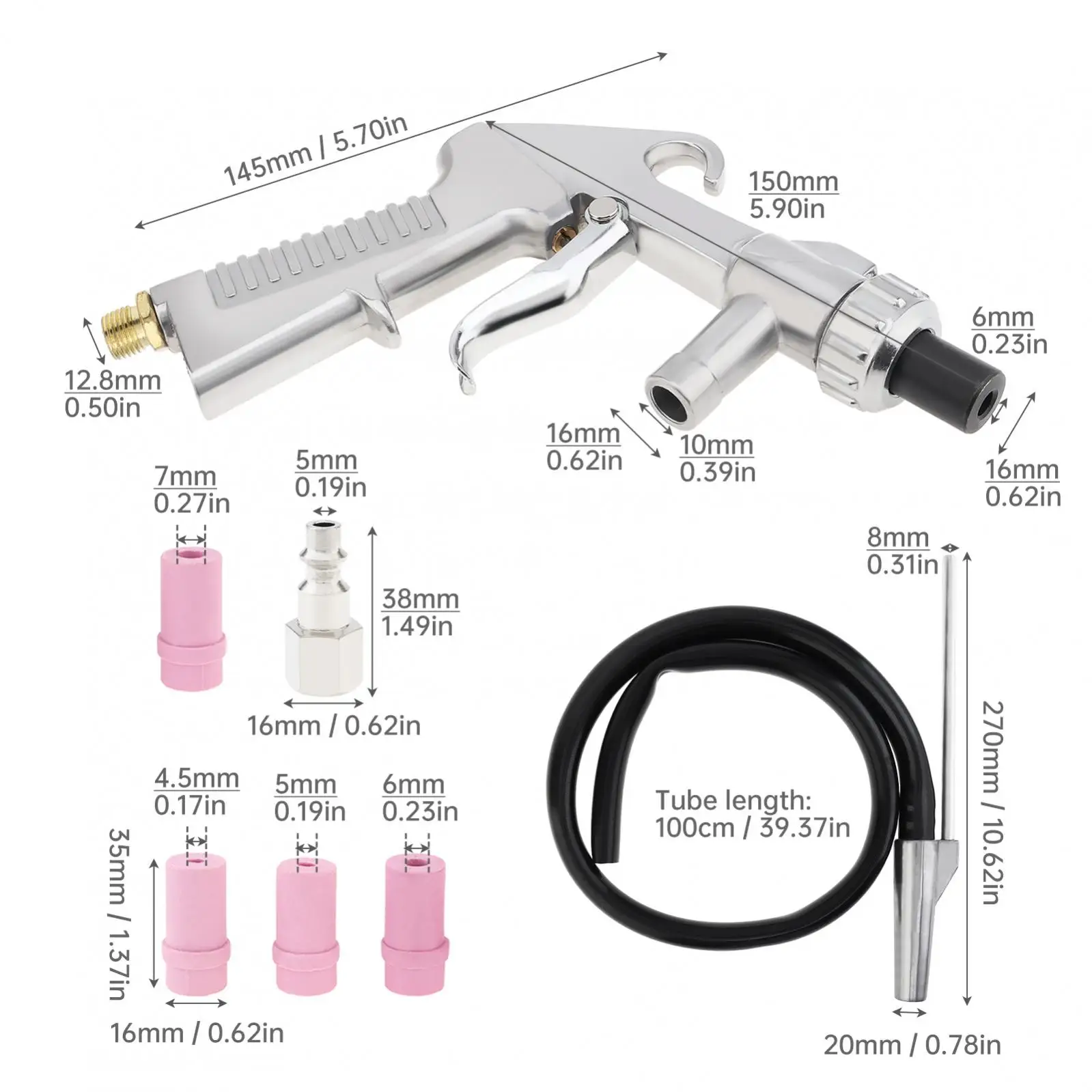 Sandblaster Air Siphon Feed Blast Gun with 4pc Nozzles Tip Feed Sandblasting Spray Gun Pneumatic Abrasive Sand Blasting Tool Kit