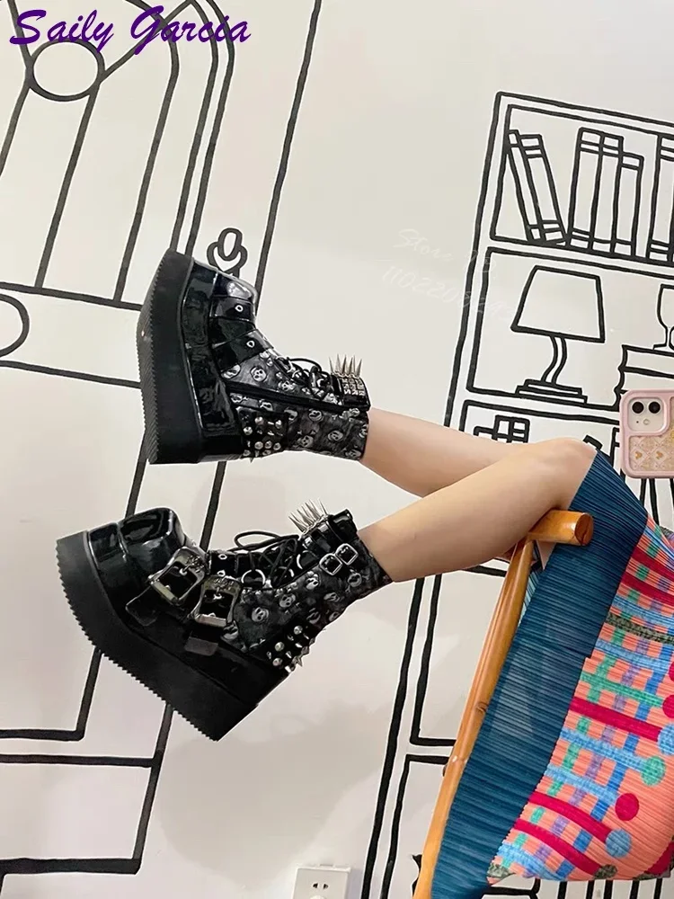 Pointed Rivet Ankle Boots Skull Round Toe Belt Buckle Platform Boots Side Zipper 2025 Women Punk Shoes Increase Height 12cm