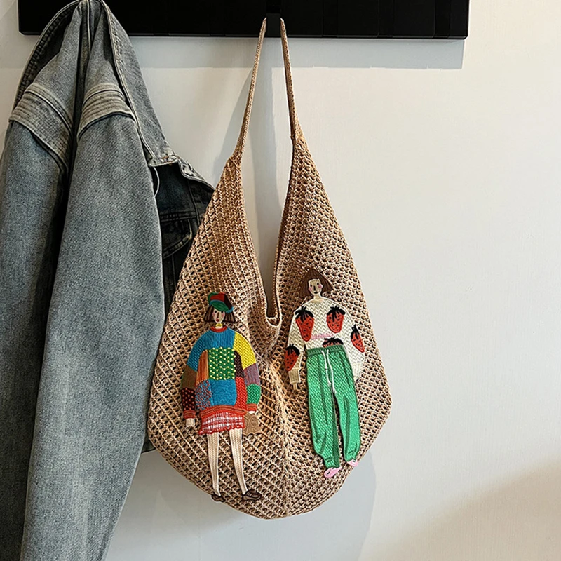 

Hollow Mesh Knitted Shoulder Bag Beach Vacation Chic Cartoon Tote Bag Lightweight Laid-Back Casual Woven Women Handbag