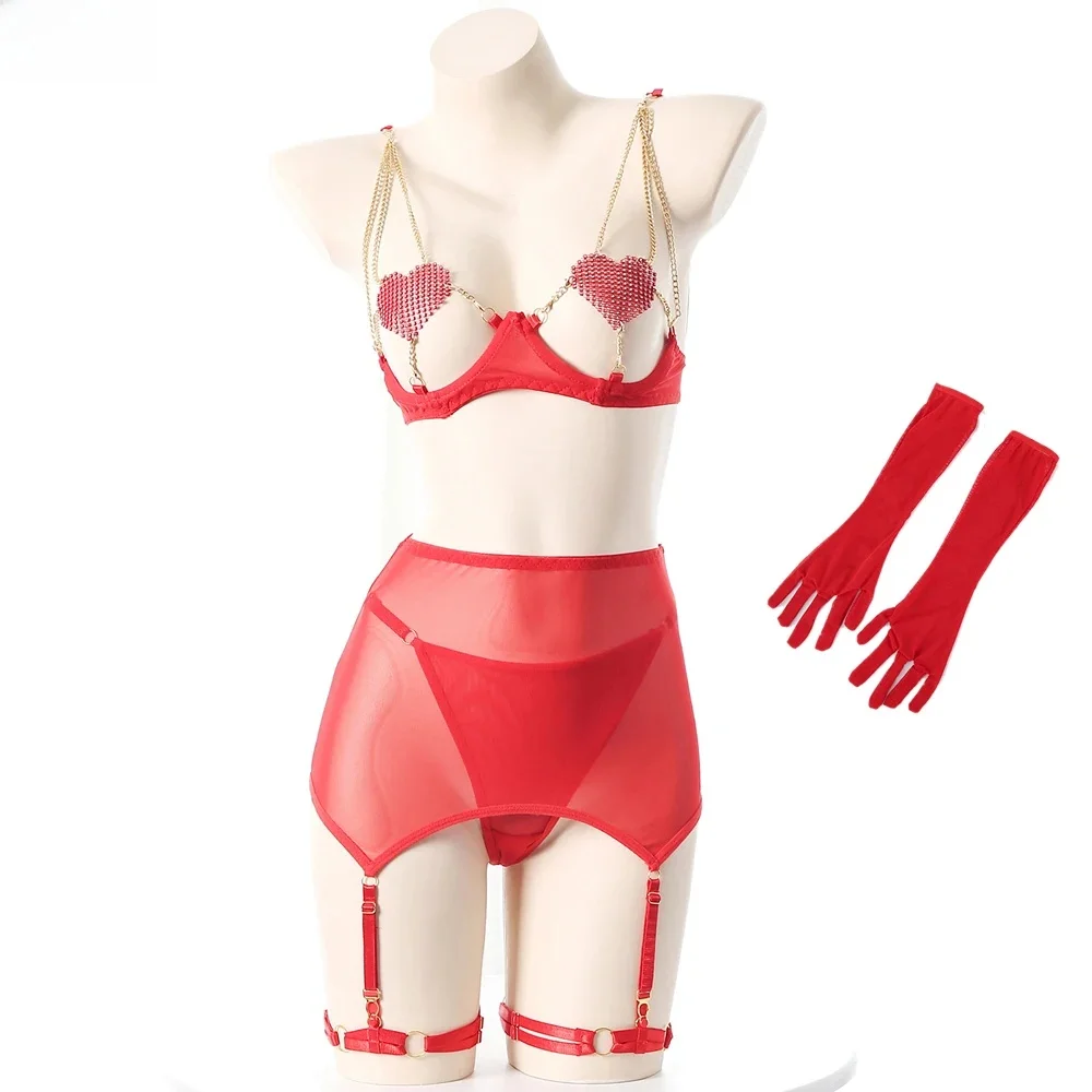 

XXOO Erotic Sexy Lingerie Metal Chain Red Mesh Love Underwear Sexy Lingerie Women Temptation Outfits Erotic Costumes