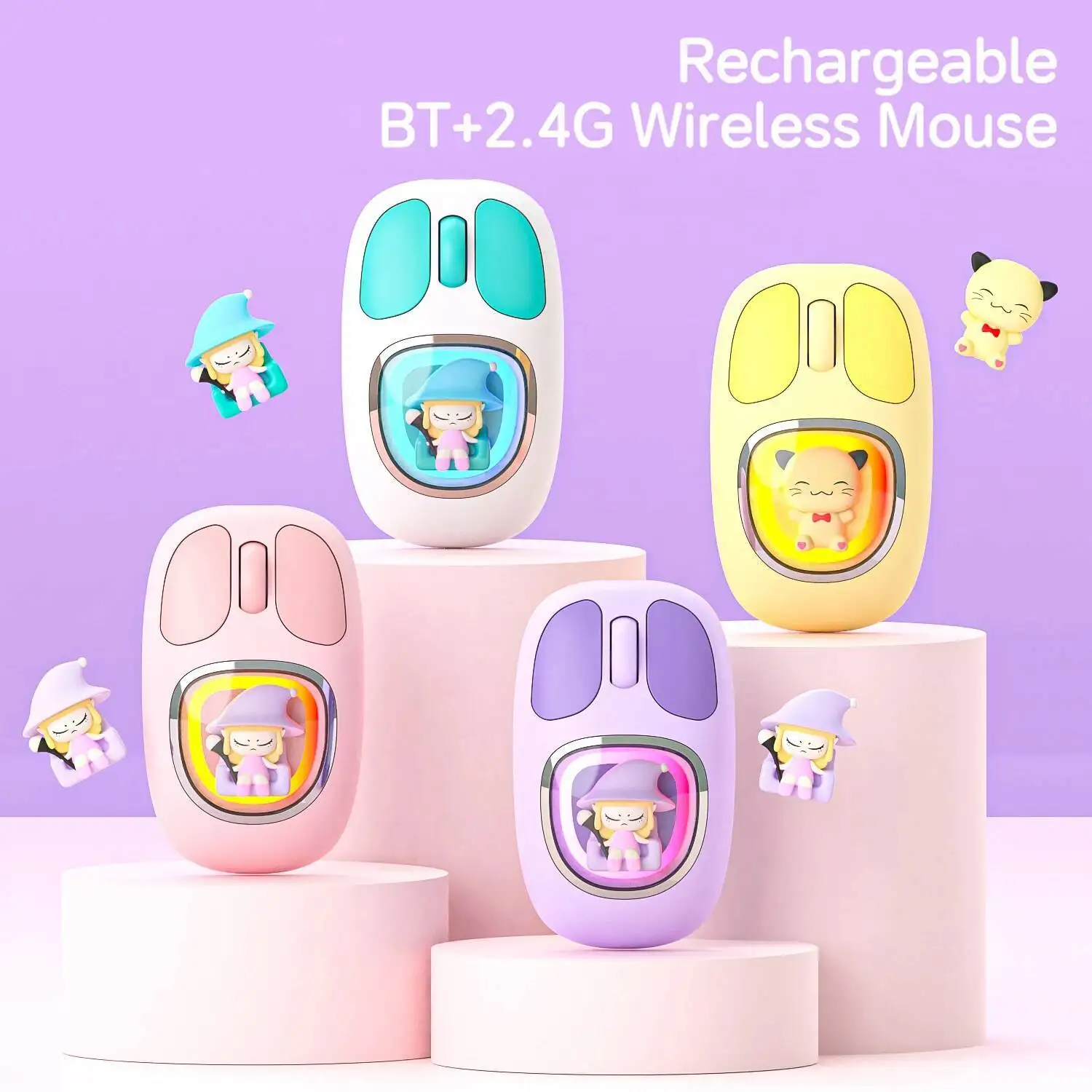

Cool Cute Cartoon Doll Tri-Mode Wireless Mice Ergonomic Optical 2.4G+Bluetooth Office Silent Mouse For Laptop Tablet Girls Gifts