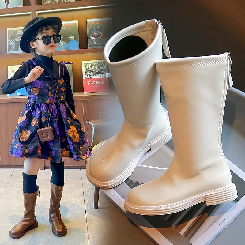 

Four Seasons Section Children's Boots New Brown Flat Non-slip Kids Fashion Boots Beige Fashion Hundred Kids Single Boots