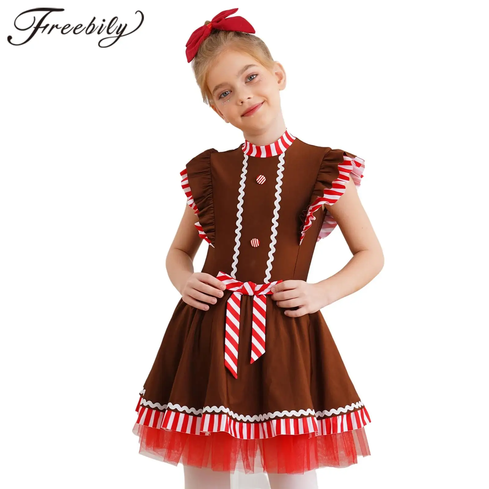 Kids Girls Christmas Dress Gingerbread Man Costume Xmas New Year Party Elf Candy Cane Santa Cosplay Ballet Tutu Dress Dancewear