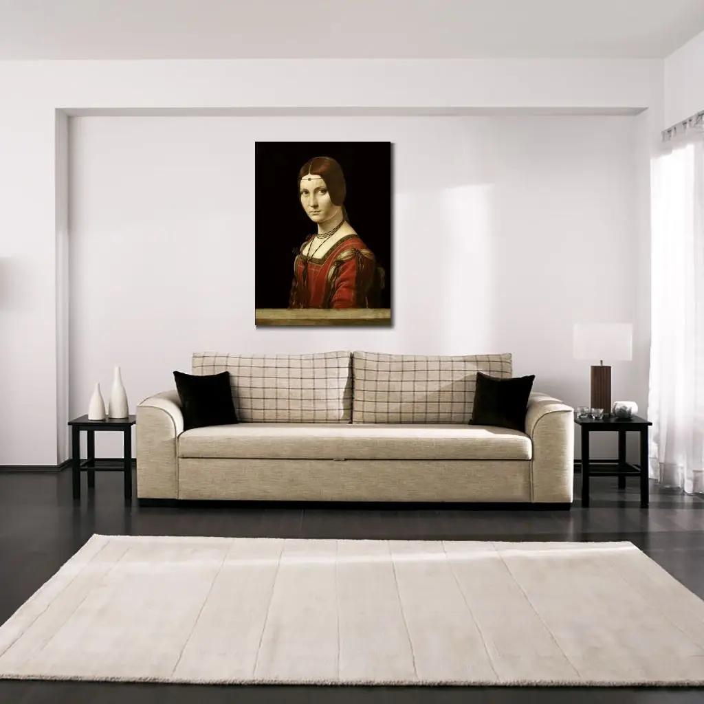 Beautiful Female Canvas Art Portrait of Lady from Milan Court Leonardo Da Vinci Painting Handmade Classic Artwork Home Decor