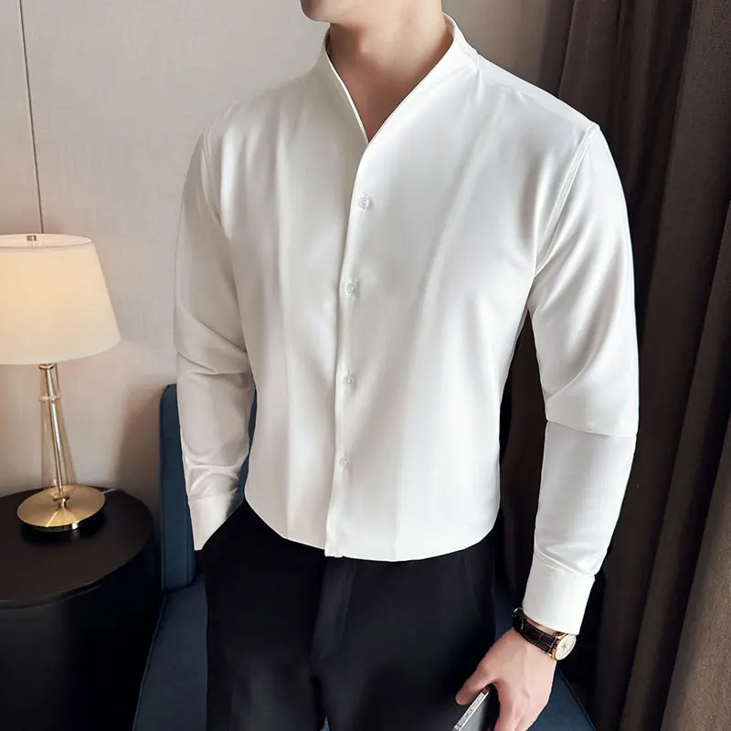 Men V-neck Shirt 2024 Spring New British Style Anti-wrinkle Soft Solid Casual Elastic Slim Fit Long Sleeved Shirt Men Clothing