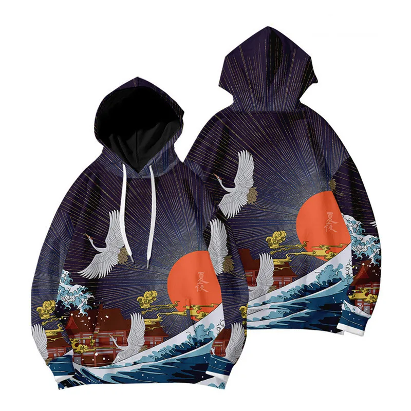 Ukiyo-e-Sudadera con capucha para hombre y mujer, suéter informal con estampado de grulla ondulada Kanagawa, estilo Hip Hop y Harajuku