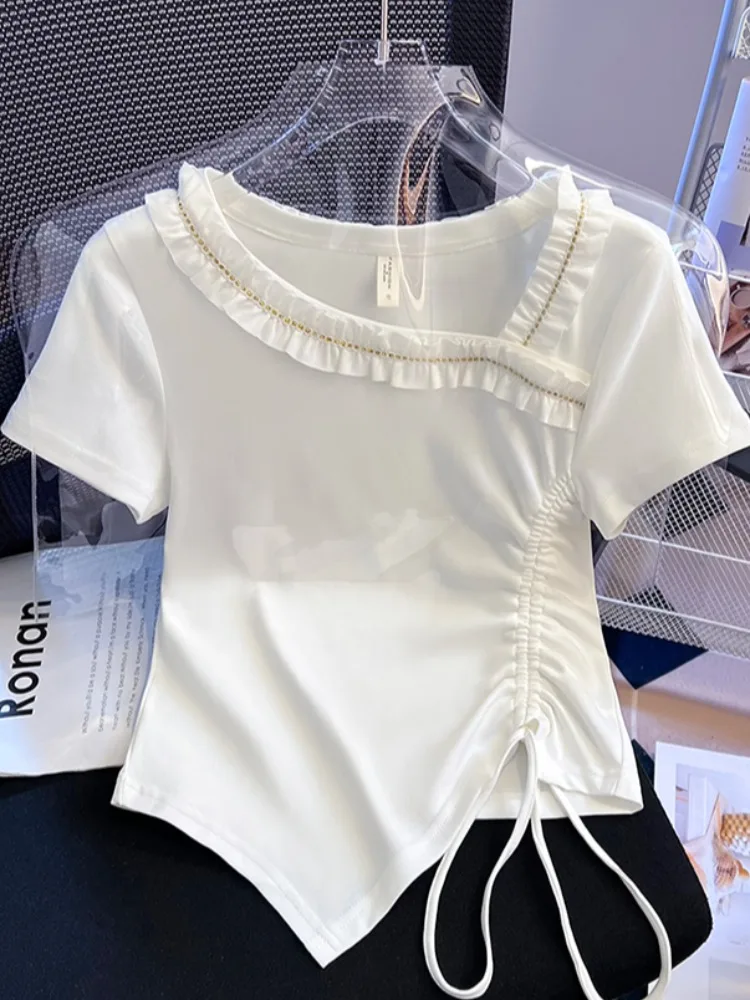 

Summer ort Sve T-irt Women's Regular Fit Dstring oulder Design Asymmetrical Korean Sle Cotton Blend Top