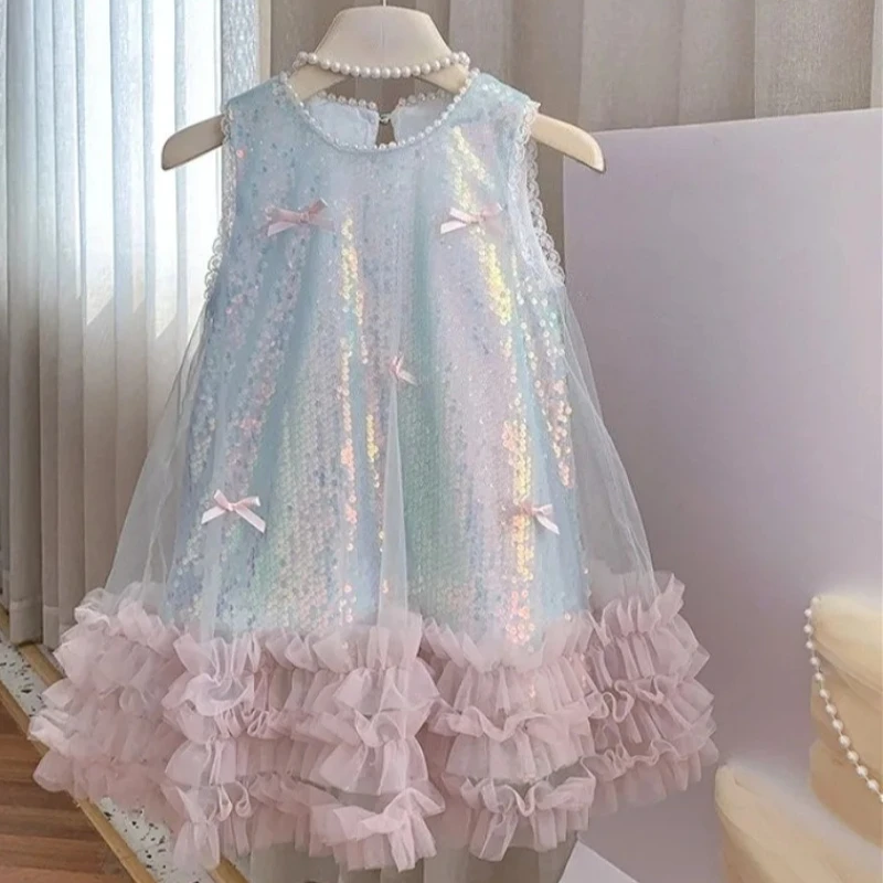 

Новое летнее хлопковое платье для девочек в корейском стиле, с бантом, блестящая юбка-принцесса, повседневное, простое, для вечеринок