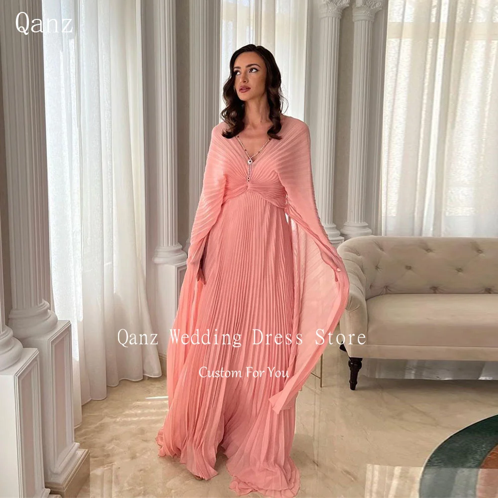 

Qanz Formal Long A Line Dress Women Elegant Party Deep V Neck Cape Long Sleeves Ruched Evening Dresses Robe De Soiree Femmes