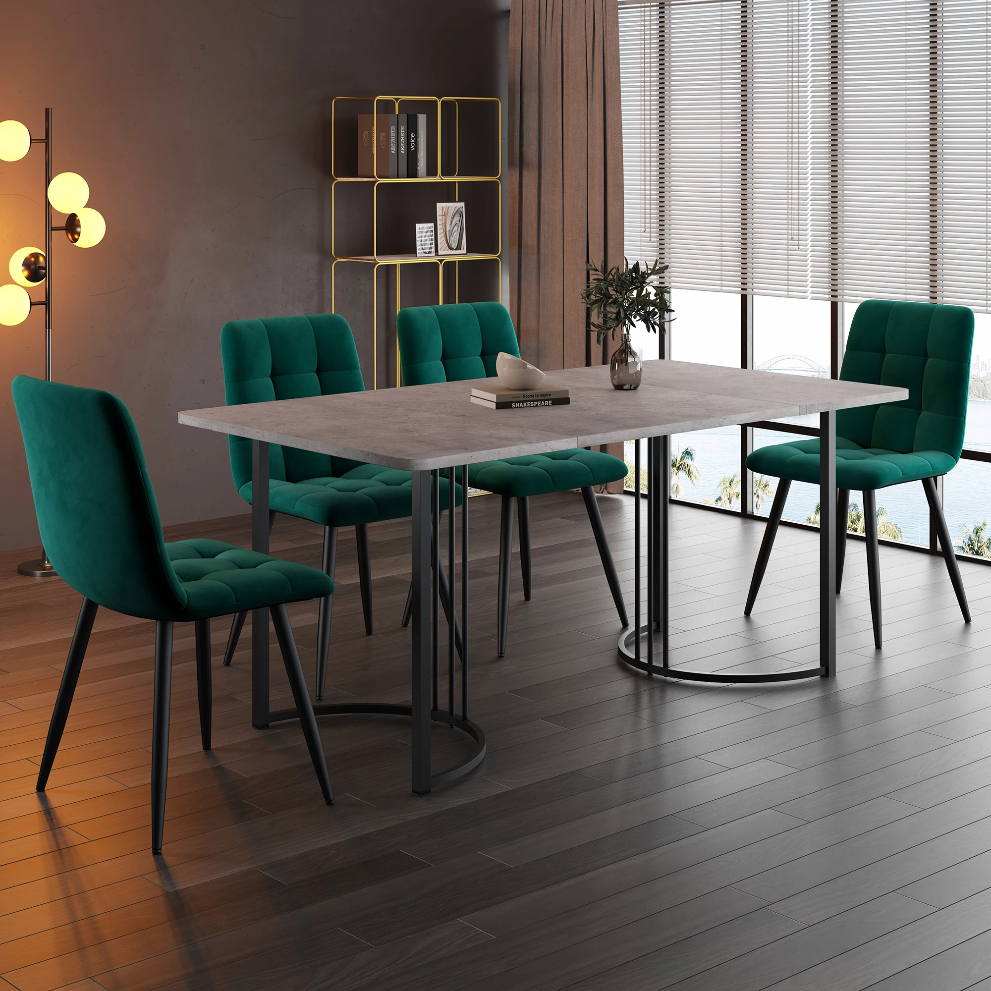 VSOGA Dining Group (5-tlg) Dining Table with 4 Chairs Modern Kitchen Table 140 × 80cm table with Black Metal Legs MDF Tabletop in Grey Dark Green Velvet Dining Chairs