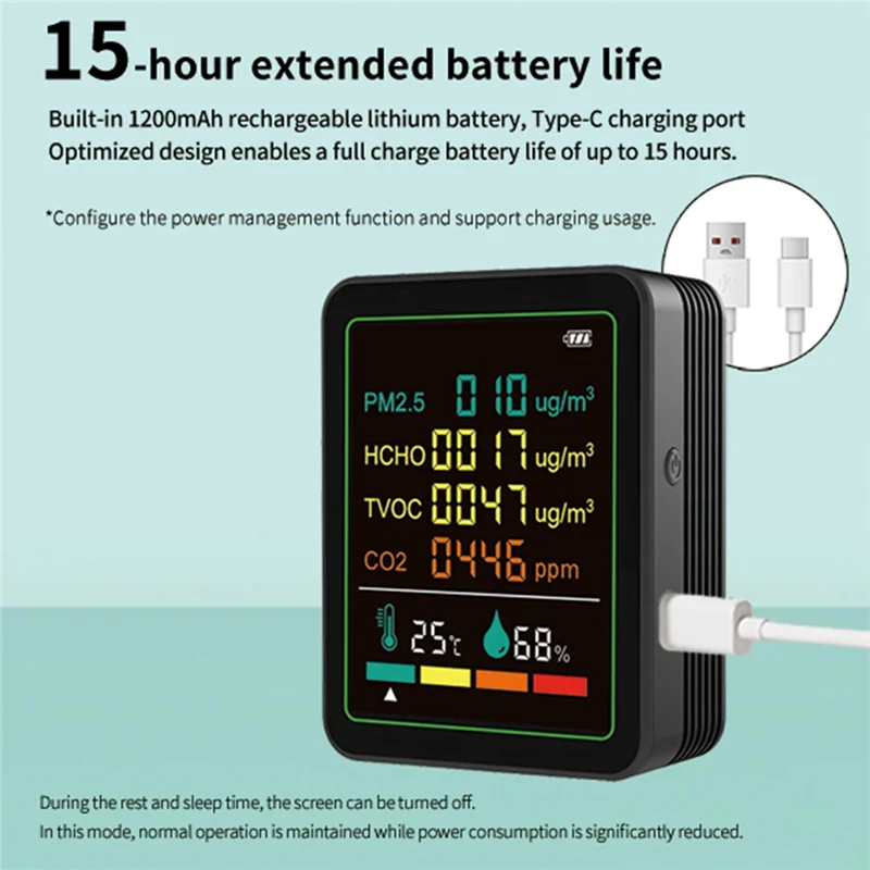 【Design elegante】 Rilevatore digitale di monitoraggio della qualità dell'aria 6In1 Formaldeide TVOC PM2.5 /CO2 Tester di umidità della temperatura