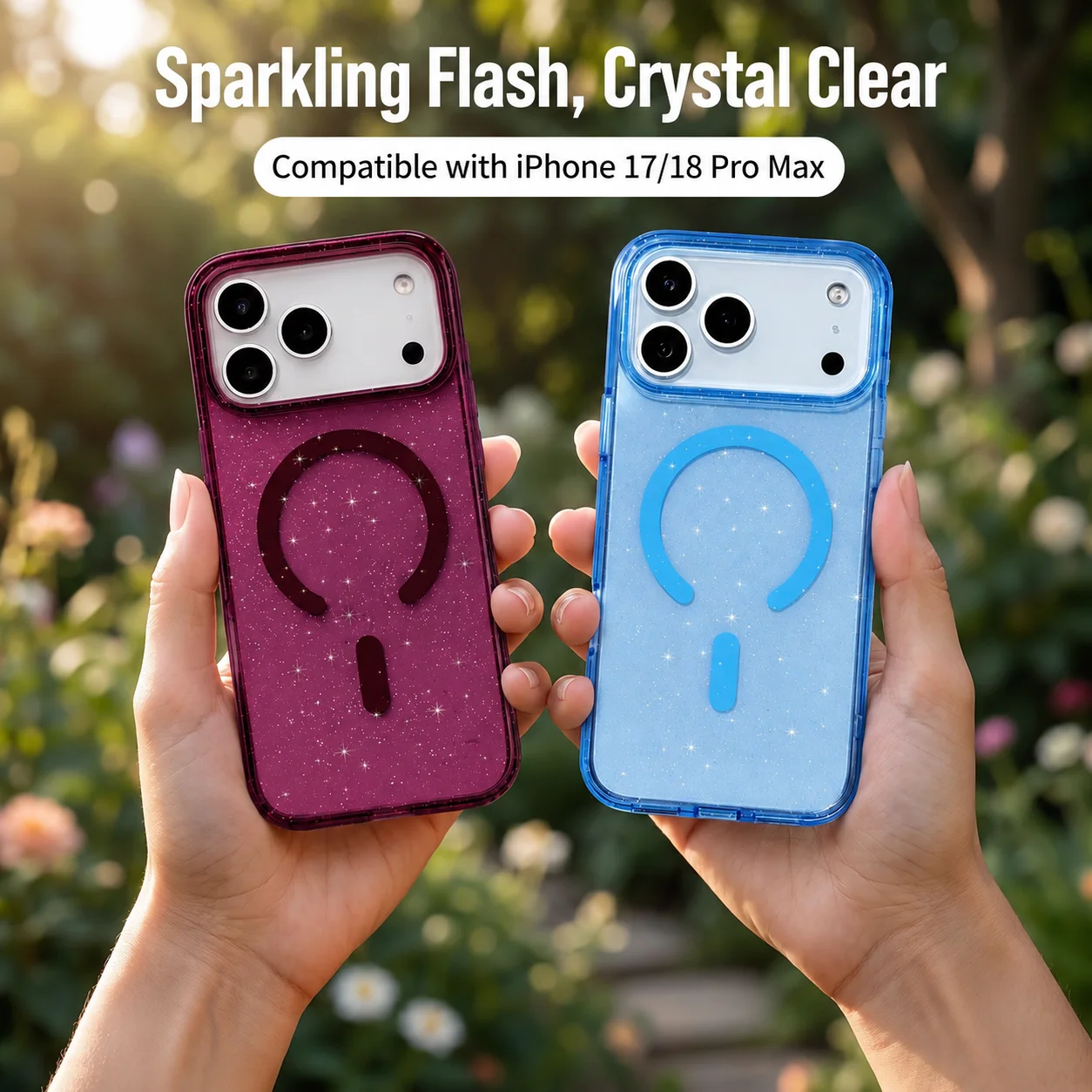 Luxuriöse Transparente Glitzerhülle für iPhone 18 Pro Max 17 Pro Stoßfeste Schutzhülle. Neues Kirschrot, Hellblau, Anti-Gelbton – Detail 1