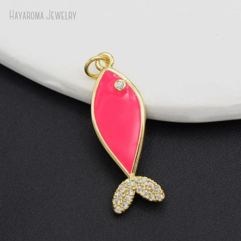 2Pcs Invisible Setting Enamel Copper Gold Color Hot Pink Jewelry Nautical Marine Organism Fish Wholesale Pendant PM51724