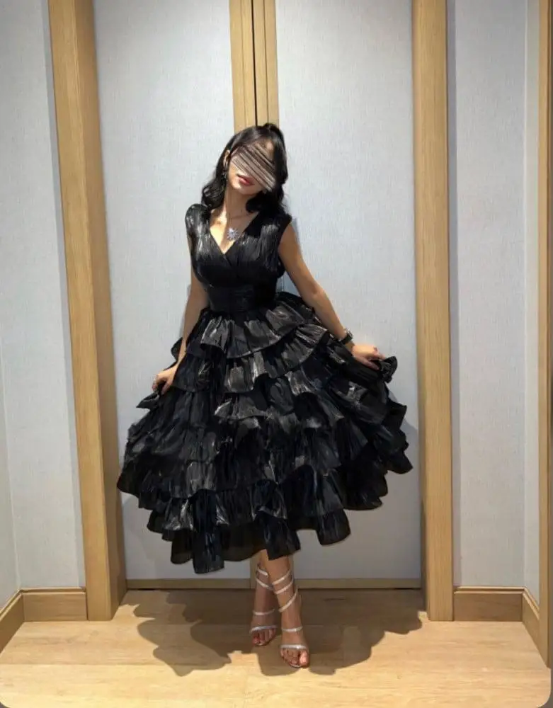 

Jirocum Luxury Black Textured V-Neck Evening Gowns Sleeveless Tiered Ruffle Fit-and-Flare Midi Prom Gala Red Carpet Dresses