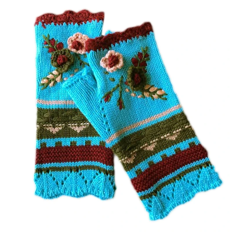 New Women Winter Chunky Knit Texting Fingerless Gloves Ethnic Vintage Multicolor Striped Crochet Floral Thumb Hole Mittens