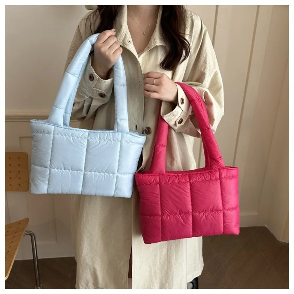 Fashion Cubic Grid Quilted Puffer Tote Bag Lightweight Cotton Solid Color Padded Handbag Large Capacity Shopping Bag Women view 2