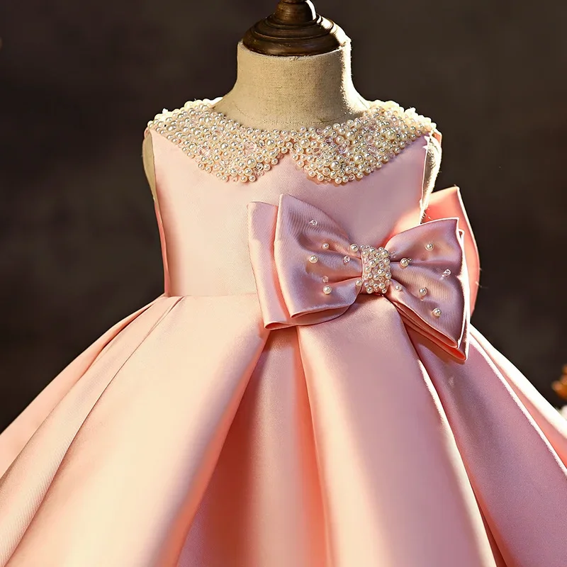 Kid Girls Wedding Party White Dress Luxury 2024 Children Elegant Ball Gowns 1St Birthday Evening Dresses Photoshoot Costume Pink