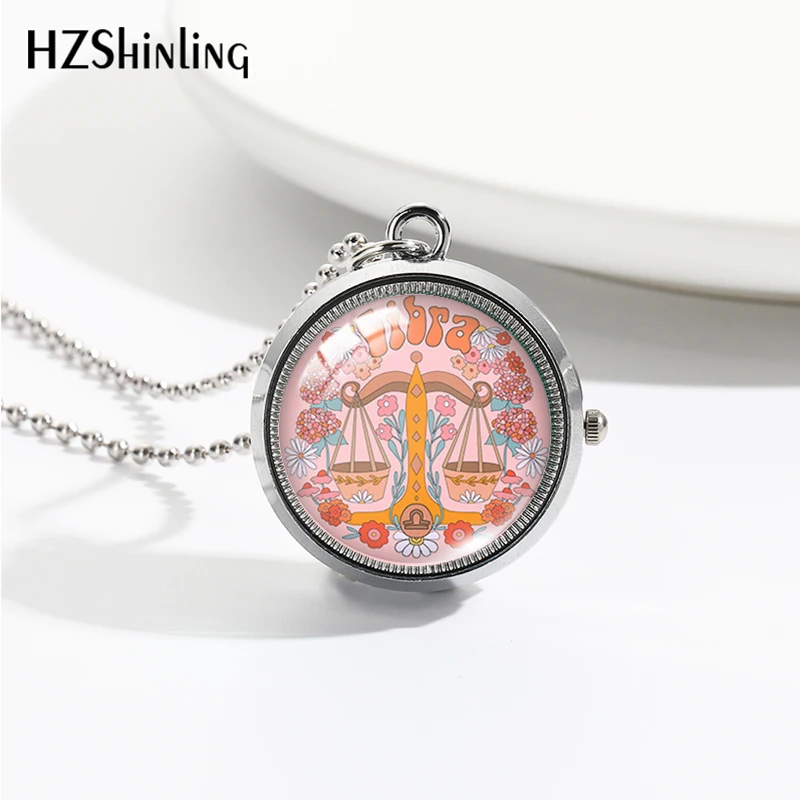 2023 New Cartoon 12 Constellations Zodiac Rotate Pocket Watch Round Glass Cabochon Handcraft Necklace Pendants for Women Men