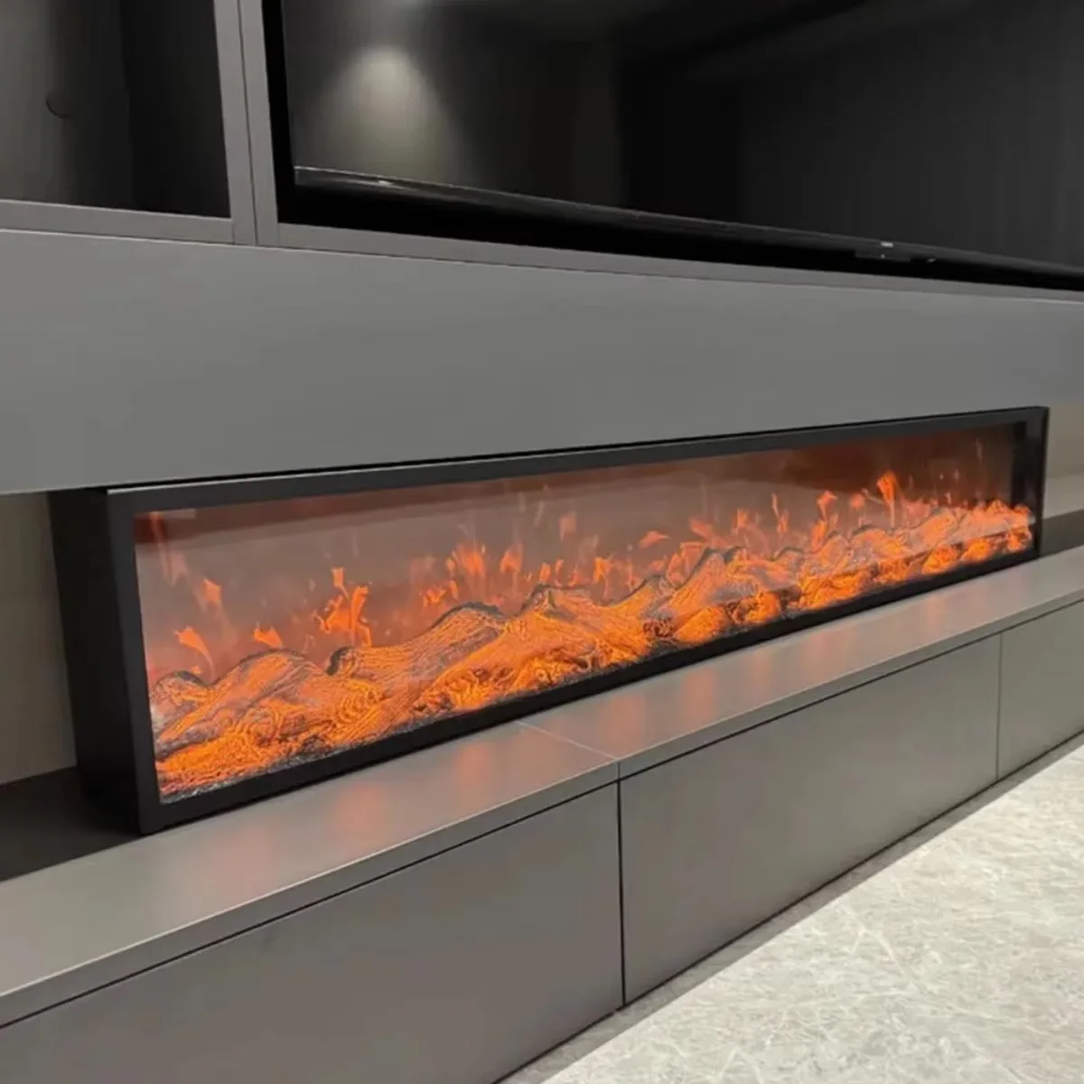 

Modern 2D LED Electric Fireplace Wall-Mounted with Glass TV Stand Indoor Decorative Flame for Hotels Metal Material