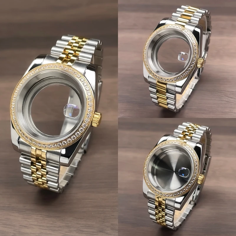 36mm/39mm NH35 Case Sapphire Glass DJ President Jubile Strap  2T YG Gold Diamond Bezel Mod Fit NH35 NH36 Movement Watch Case