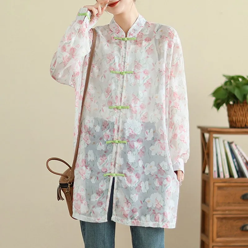 

Women Summer Sunscreen Shirt New Arrival 2024 Vintage Style Mandarin Collar Floral Print Loose Female Casual Long Shirts B3761