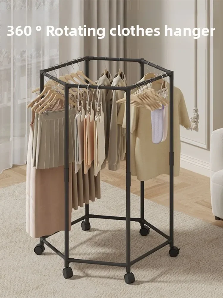Hexagonal Rotating Balcony Indoor Floor-standing Clothes Drying Rack Multi-functional Wheel Removable Carbon Steel Drying Racks