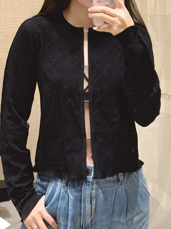 2026 Spring Autumn New Women Crochet Knit Cardigan Argyle Hollow Out Layered Short Crop Top Sweater Jacket Outerwear
