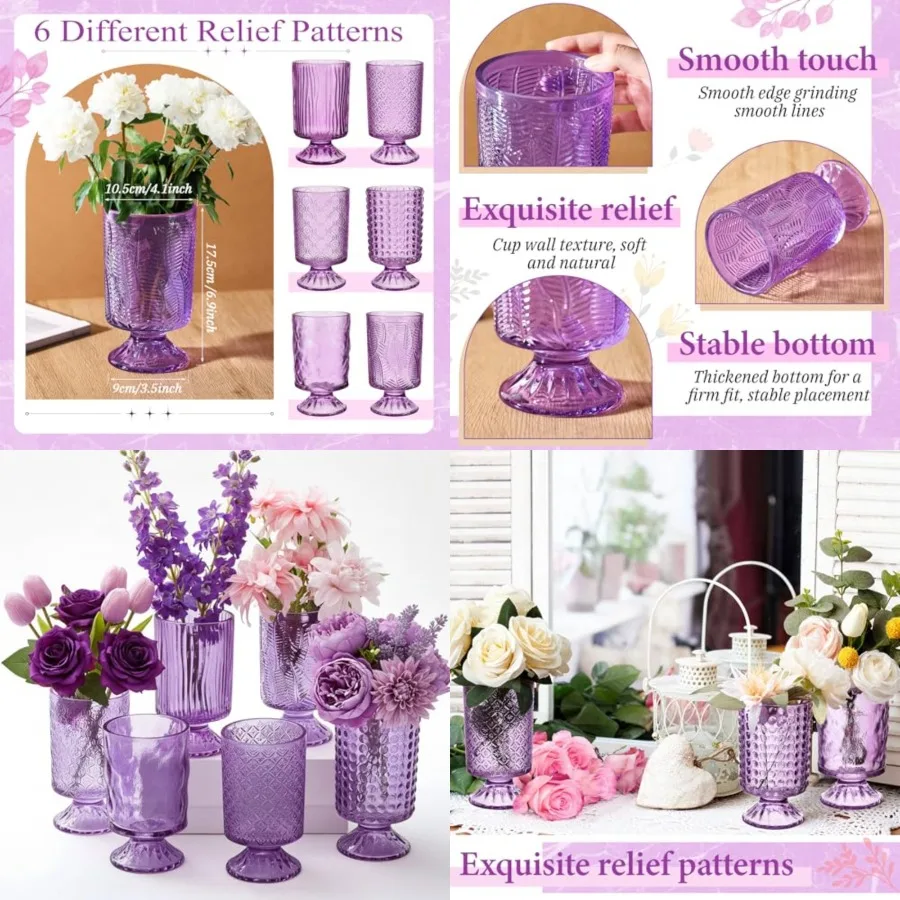 

Pcs H: 7" W: 4" Embossed Flower Vase Pedestal Glass Vase Big Base Thickened Crystal Vintage Vases for Valentines Day Wedding Ho