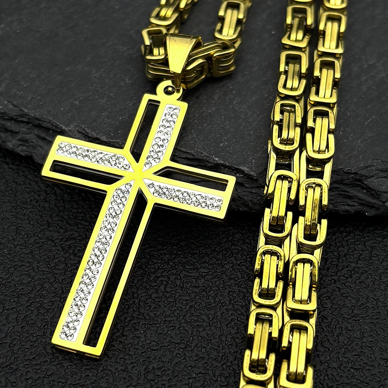 

Christian Rhinestones Cross Pendant Necklace for Women Men Stainless Steel Gold Color Male Hip Hop Byzantine Chain Jewelry Gift