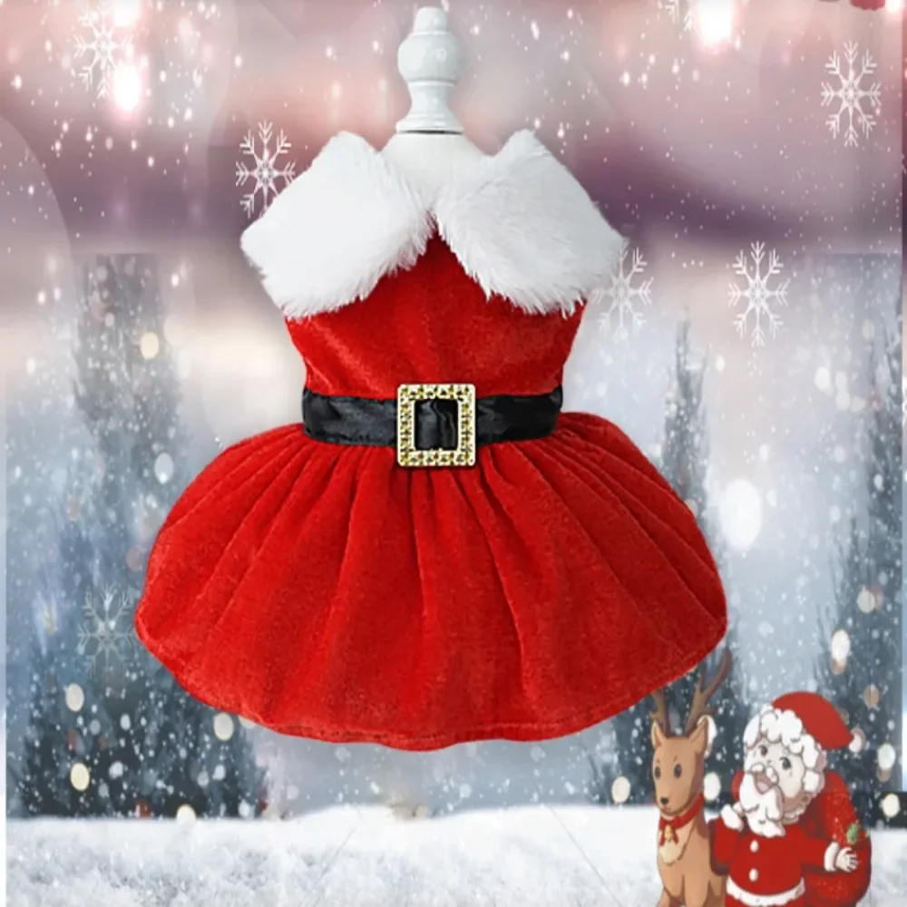 Pet Christmas Clothing Dog Cat Red Dress Warm Bow Frock Golden Velvet Fabric Santa Claus Clothes Dogs Cats Garment Pets Supplies