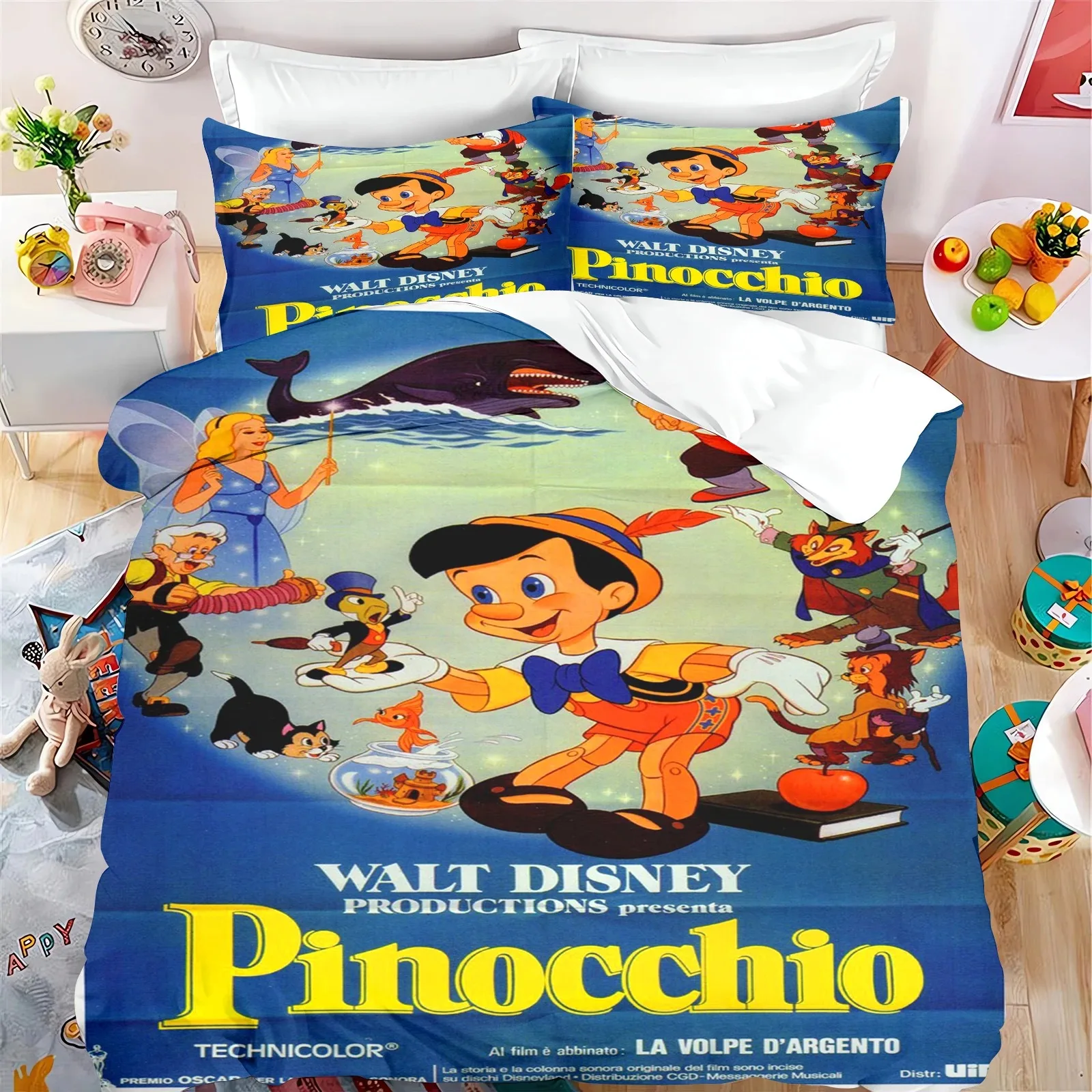 Disney Pinocchio duvet cover pillowcase, home room bedroom decoration boy girl bedding set cartoon, queen size double bed