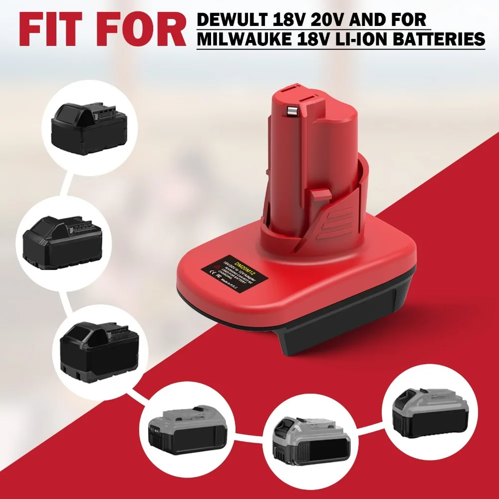 For Milwaukee M12 12V Power Tool DM20M12 Adapter suitable for Milwaukee M18 18V & for DeWalt 20V Lithium Battery