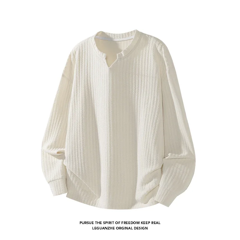 Men Vertical Texture Long Sleeve Henley Shirt Notch Split Collar Loose Fit Irregular Hem Streetwear Casual Pullover Top