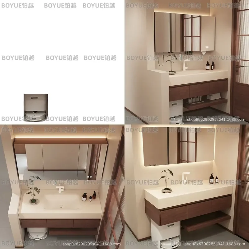 for Medieval Style Rock Slab Hot Bending Integrated Basin Bathroom Cabinet Combination Sweeping Robot Base Station Wash Basin