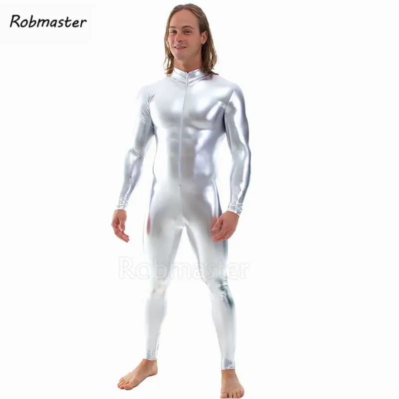 Traje de látex para hombre, medias metálicas brillantes sin cabeza, traje Zentai de manga larga con cremallera frontal, mono de piel personalizado