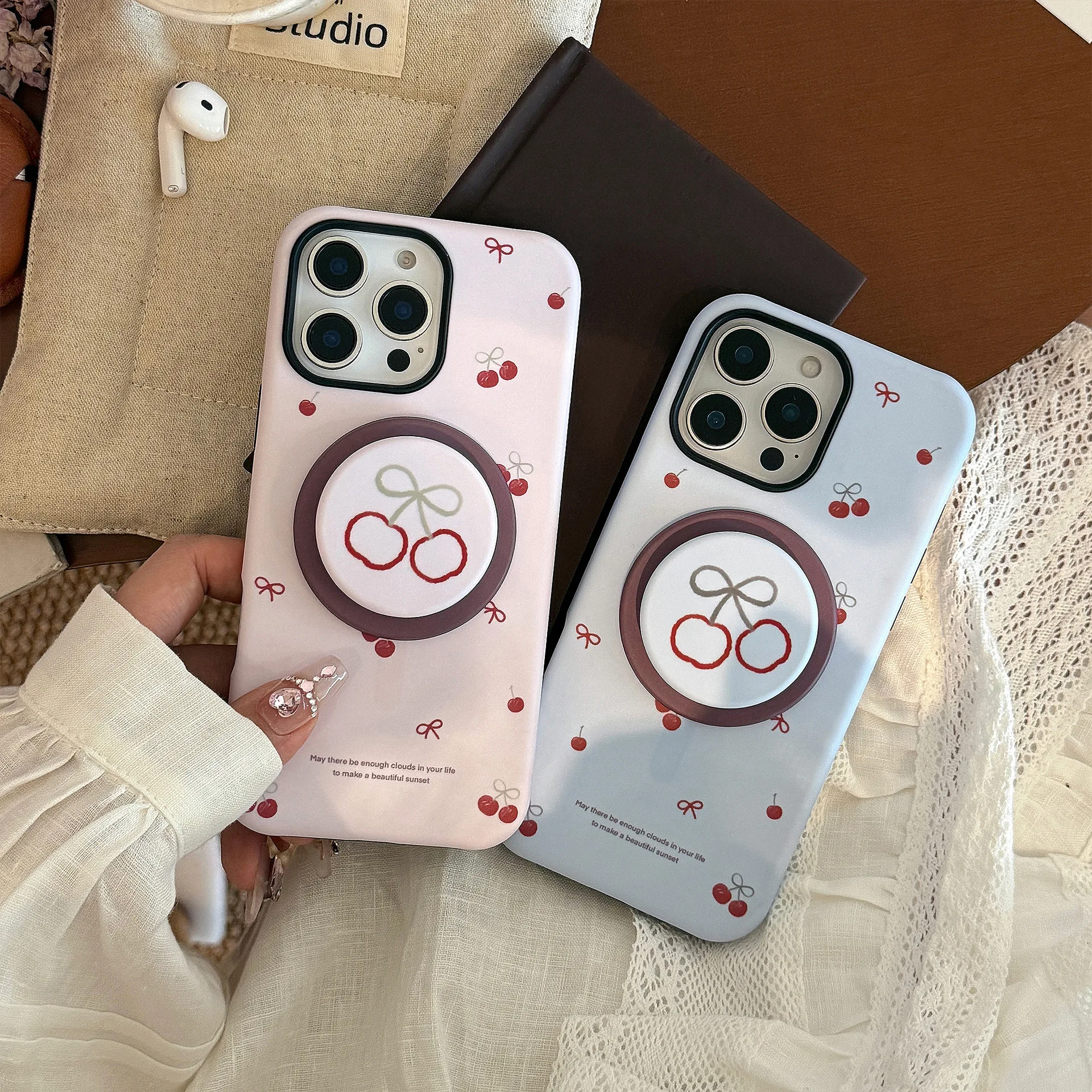 Koreanische Cartoon-Kirsche-Handyhülle mit magnetischer Halterung für iPhone 17, Air 16, 15, 14, 13, 12, Mini 11, Pro Max, stoßfeste Schutzhülle