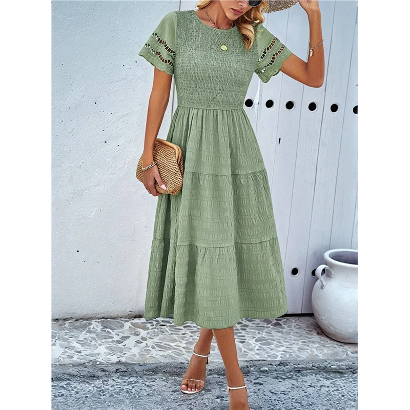 ABRT-robe Maxi découpée à col rond pour femme, couleur unie, élégante, printemps été