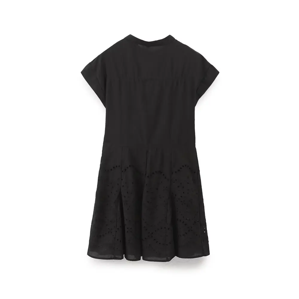 Mini vestido feminino slim fit bordado oco, decoração de aba, manga curta, botão para cima, moda retrô, novo, 2024