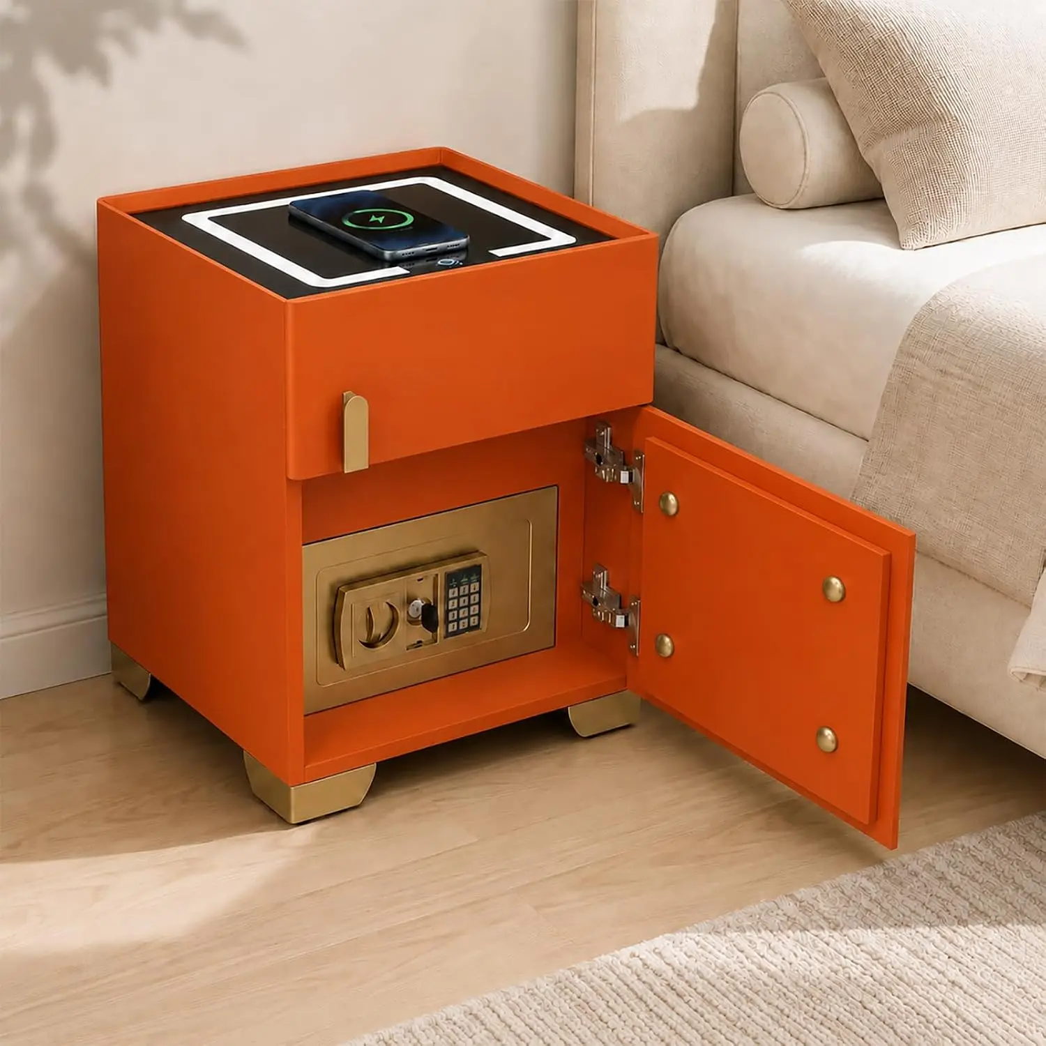 Smart Nightstand with Drawer & Safe, Wireless Charging, Bedside Table, Customized