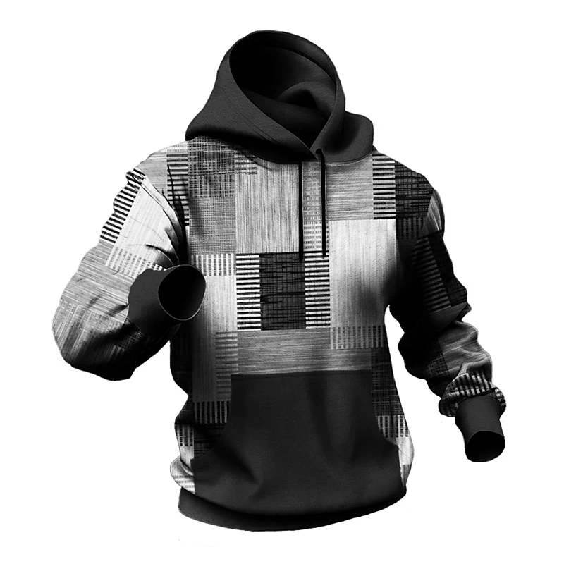 Autumn Men\'s Hoodie For Sweatshirt 3d Plaid Printed Long Sleeve Pullover Street Man Clothing Men\'s Oversized Hooded Sweater 2024