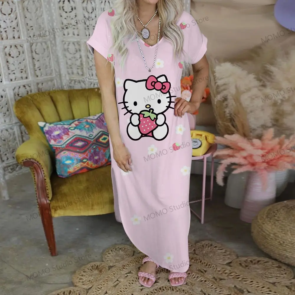 Hello Kitty Long Dresses V-neck Robe Sexi Clothes for a Woman Elegant Gowns Lovely Kawaii 2024 Streetwear S-2XL Fashion Party