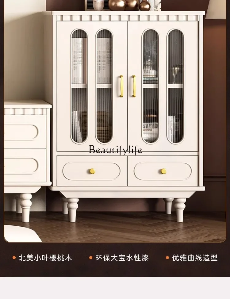 FGFrench all-solid wood glass door TV side cabinet Cream style white household wall integrated floor wine cabinet