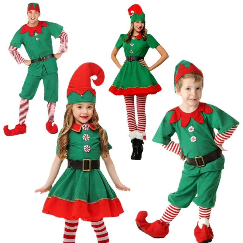 Christmas Elf Family Costume Role Playing Outfit Green Santa Claus Party Performance Fancy Clothing for Men Women Girls Boys