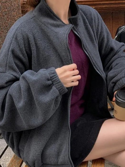 Felpa coreana Sle Lazy Autunno Inverno Casual Faion Stand Colletto Jaet Felpa da donna versatile e calda dal design Fce